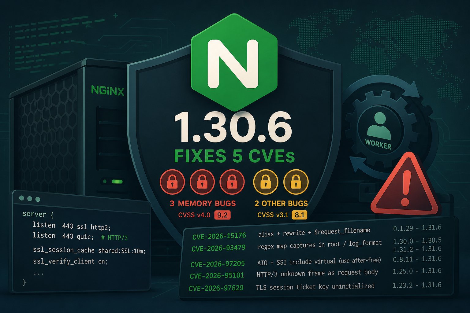 nginx 1.30.6 fixes five CVEs, including three 9.2 memory bugs
